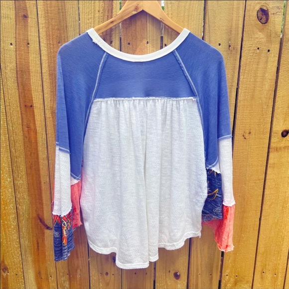 Free People🦋We the Free Friday Fever Patchwork Top Bell Sleeve - Picture 5 of 8